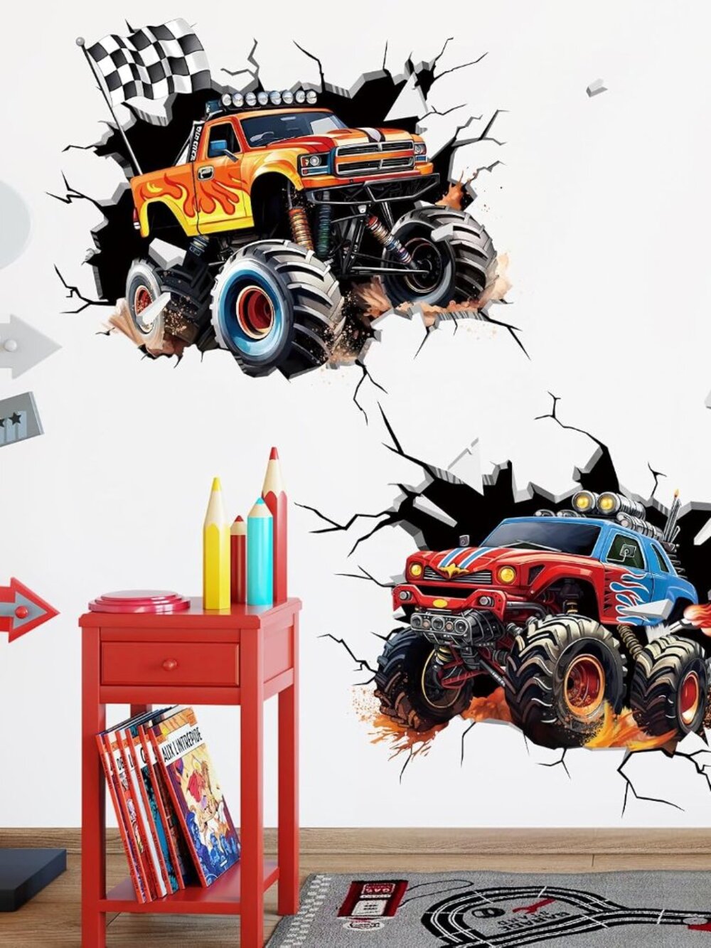 2 Racing Cars Trucks Break Through Wall Decals Stickers